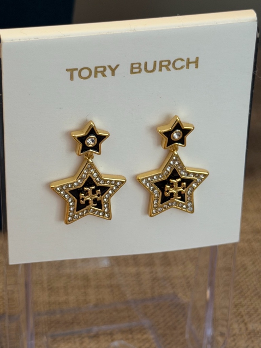 Tory Burch Gold and Black Star Drop Earrings with Crystals
